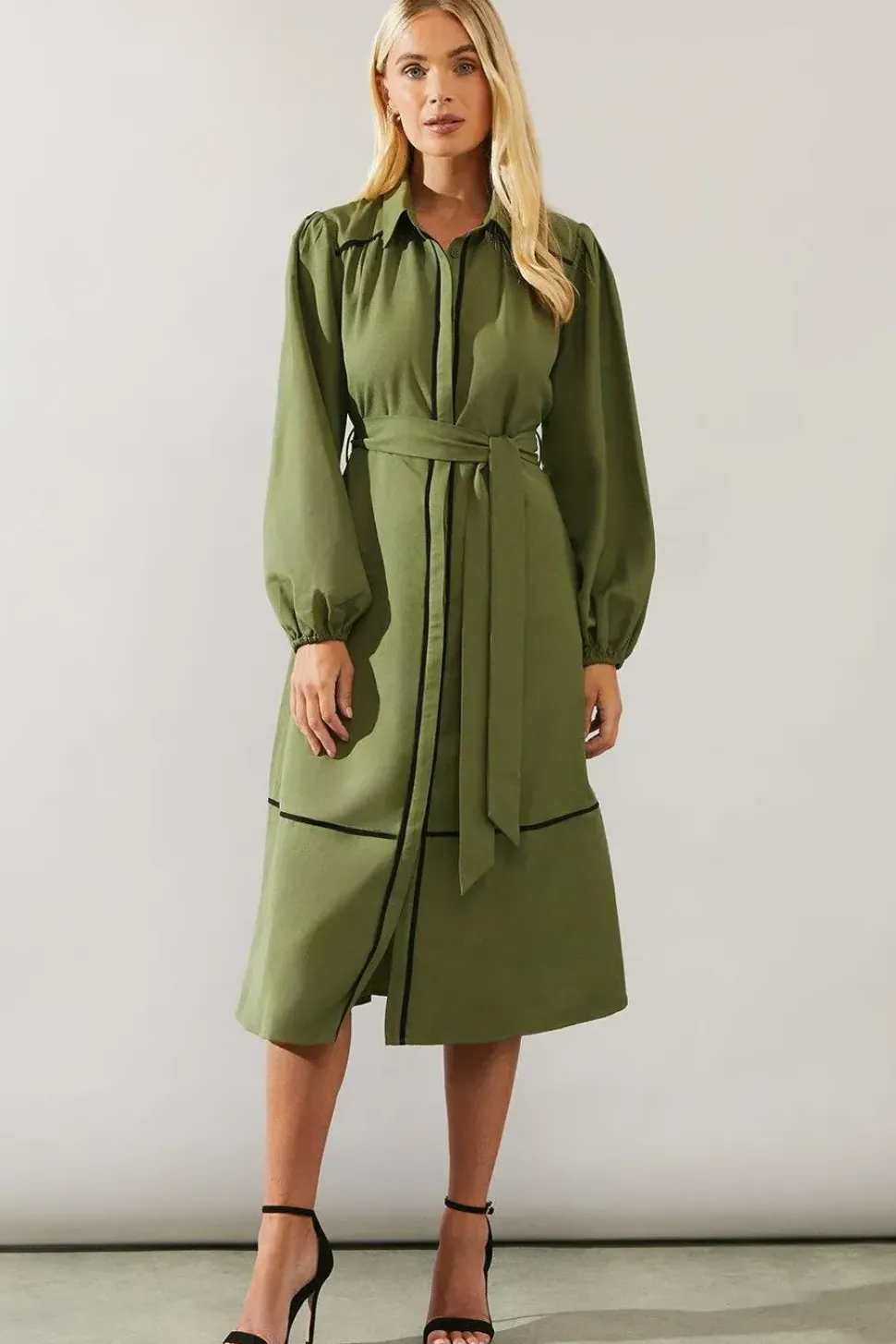 Petite Contrast Piping Tie Waist Shirt Dress