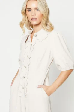 Petite Cord Scallop Edge Collared Jumpsuit
