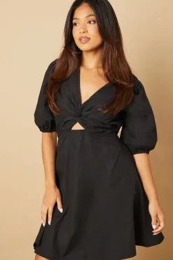 Petite Cotton Poplin Knot Front Puff Sleeve Mini Dress