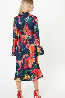 Petite Cross Neck Printed Midi Wedding Guest Dress