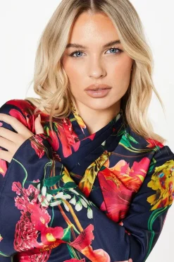 Petite Cross Neck Printed Midi Wedding Guest Dress