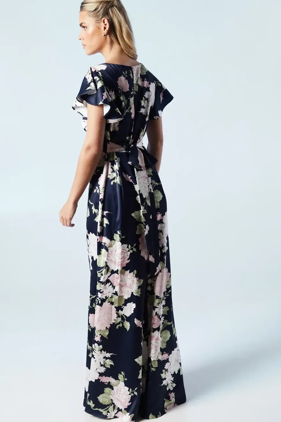 Petite Dahlia Floral Printed Satin Ruffle Sleeve Bridesmaids Dress