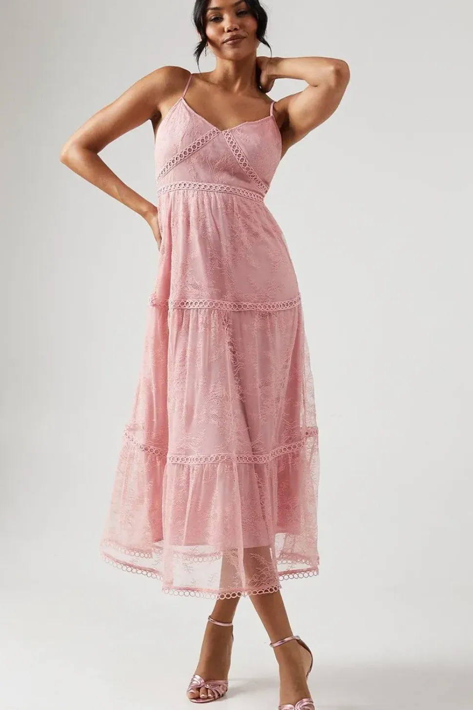 Petite Delicate Lace Trim Strappy Maxi Bridesmaids Dress