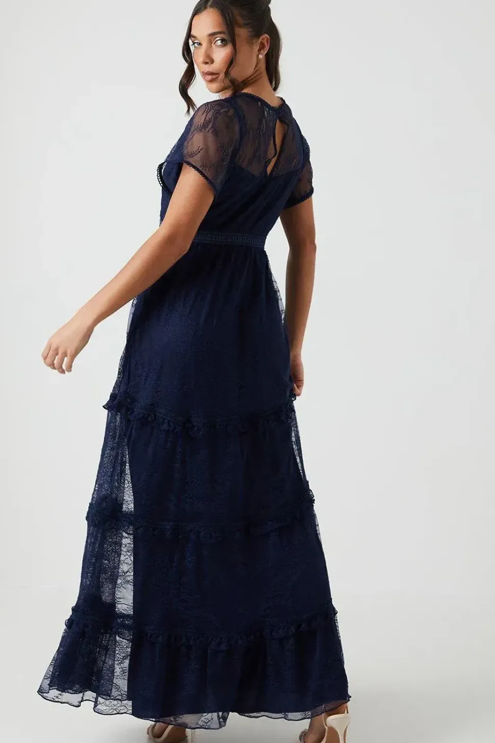 Petite Delicate Lace Trim Tiered Maxi Bridesmaids Dress