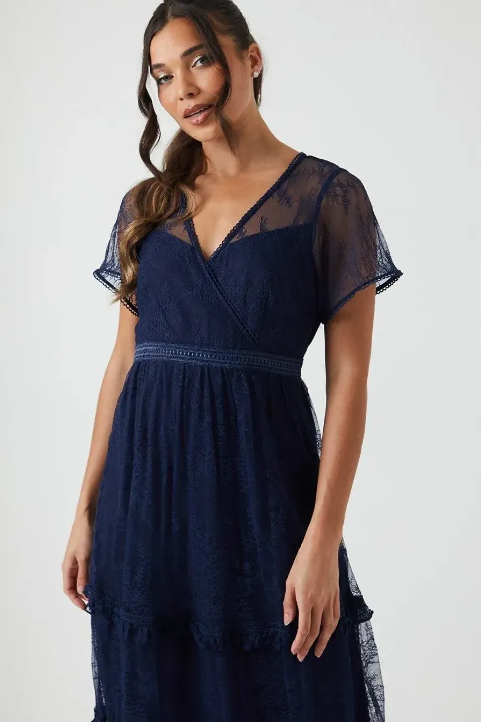Petite Delicate Lace Trim Tiered Maxi Bridesmaids Dress