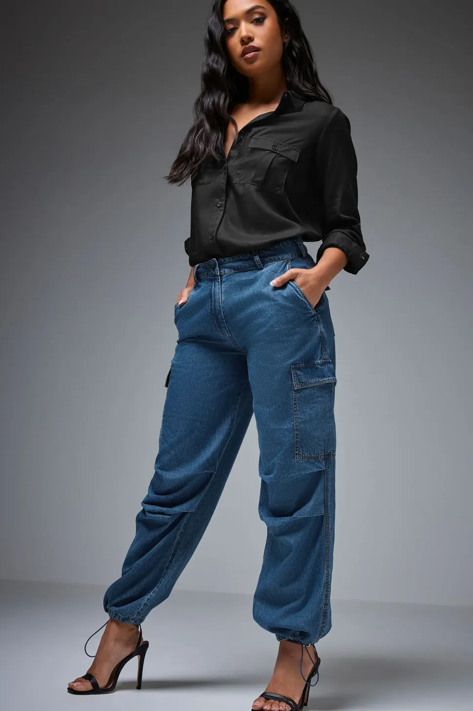 Petite Denim Parachute Trousers