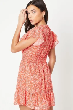 Petite Ditsy Chiffon Shirred Detail Frill Sleeve Mini Dress