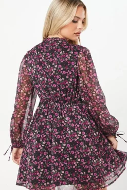Petite Ditsy Chiffon Tie Neck Mini Dress