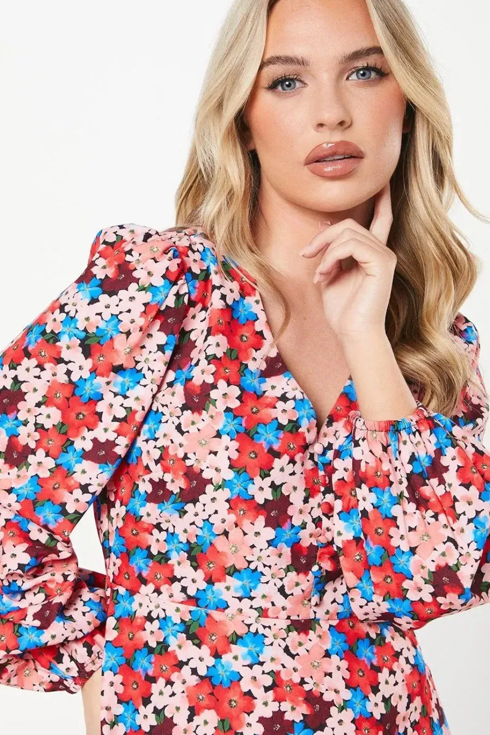 Petite Ditsy Floral Button Front Mini Dress