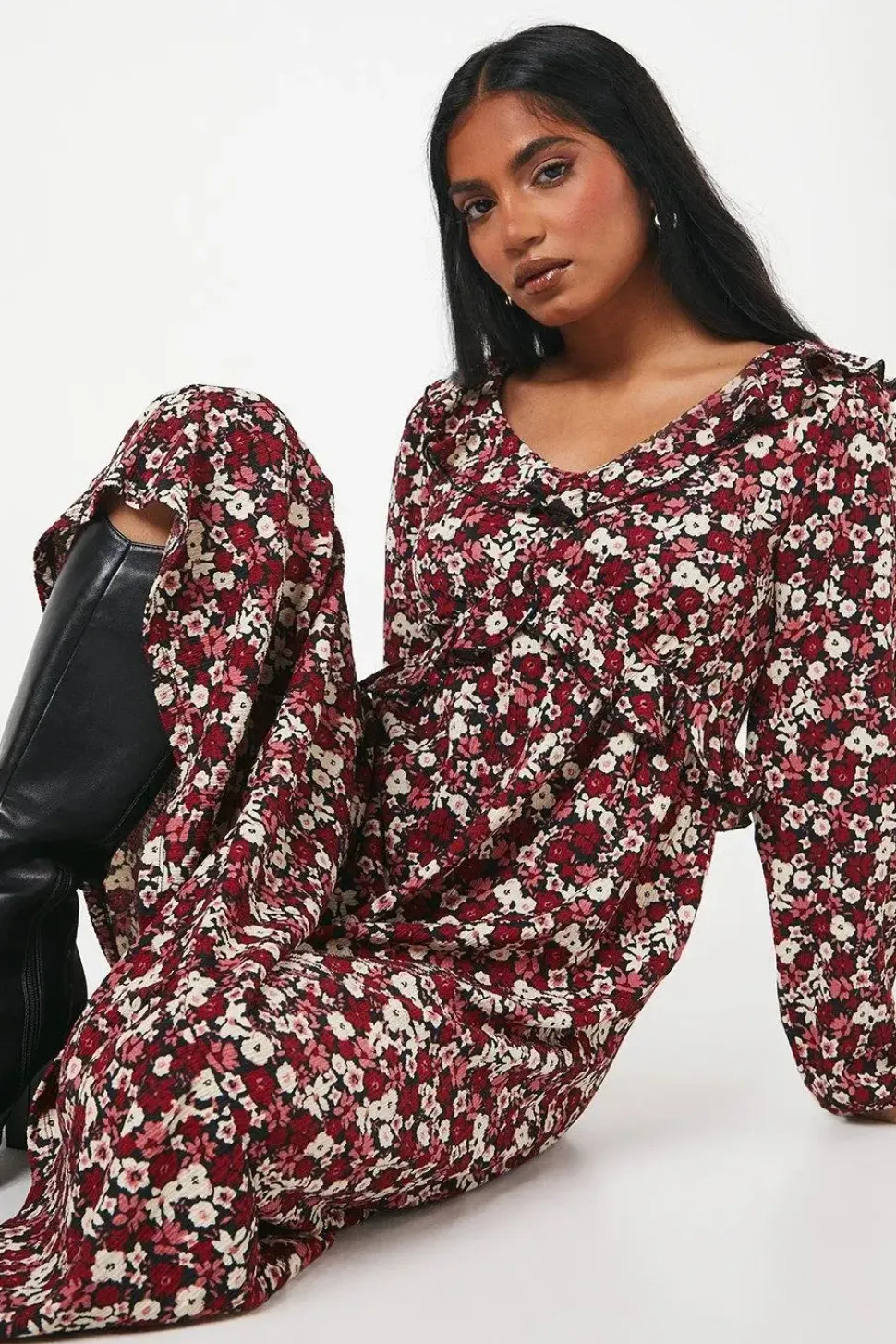 Petite Ditsy Floral Ruffle Front Midi Dress