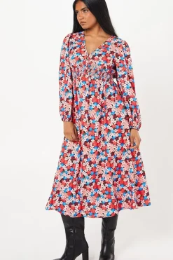Petite Ditsy Floral V Neck Shirred Waist Midi Dress