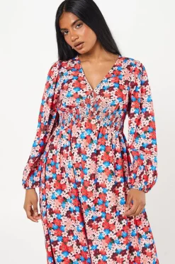 Petite Ditsy Floral V Neck Shirred Waist Midi Dress