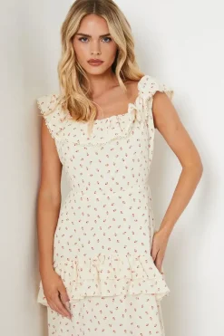 Petite Ditsy Print Cotton Square Neck Frill Detail Midi Dress