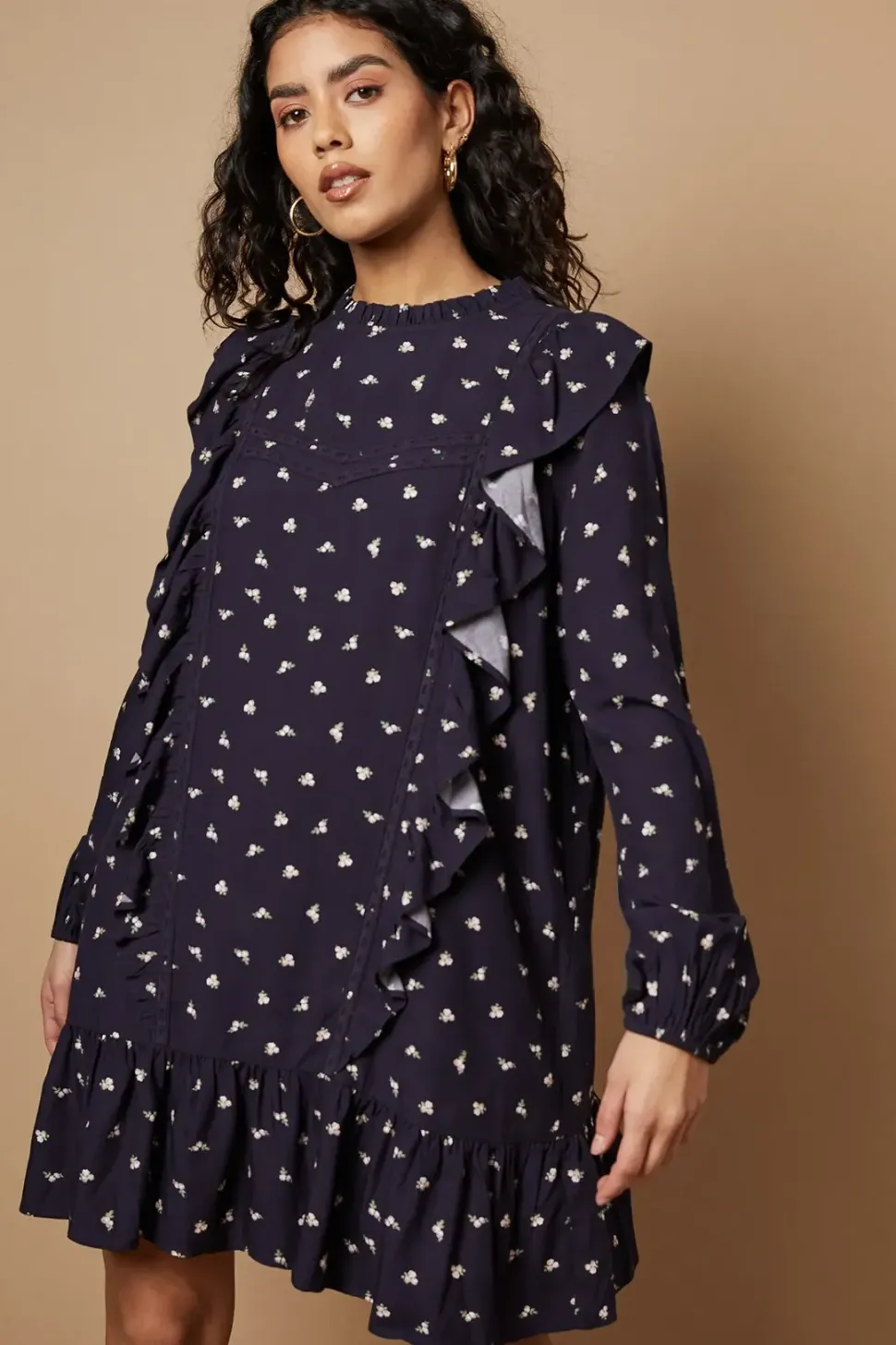 Petite Ditsy Printed Ruffle Lace Trim Mini Dress