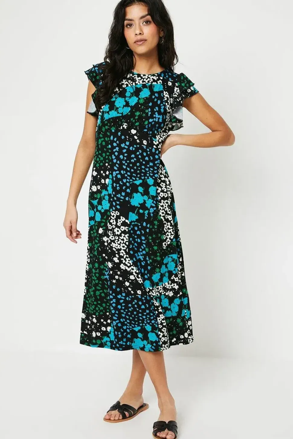 Petite Ditsy Ruffle Sleeve Empire Midi Dress