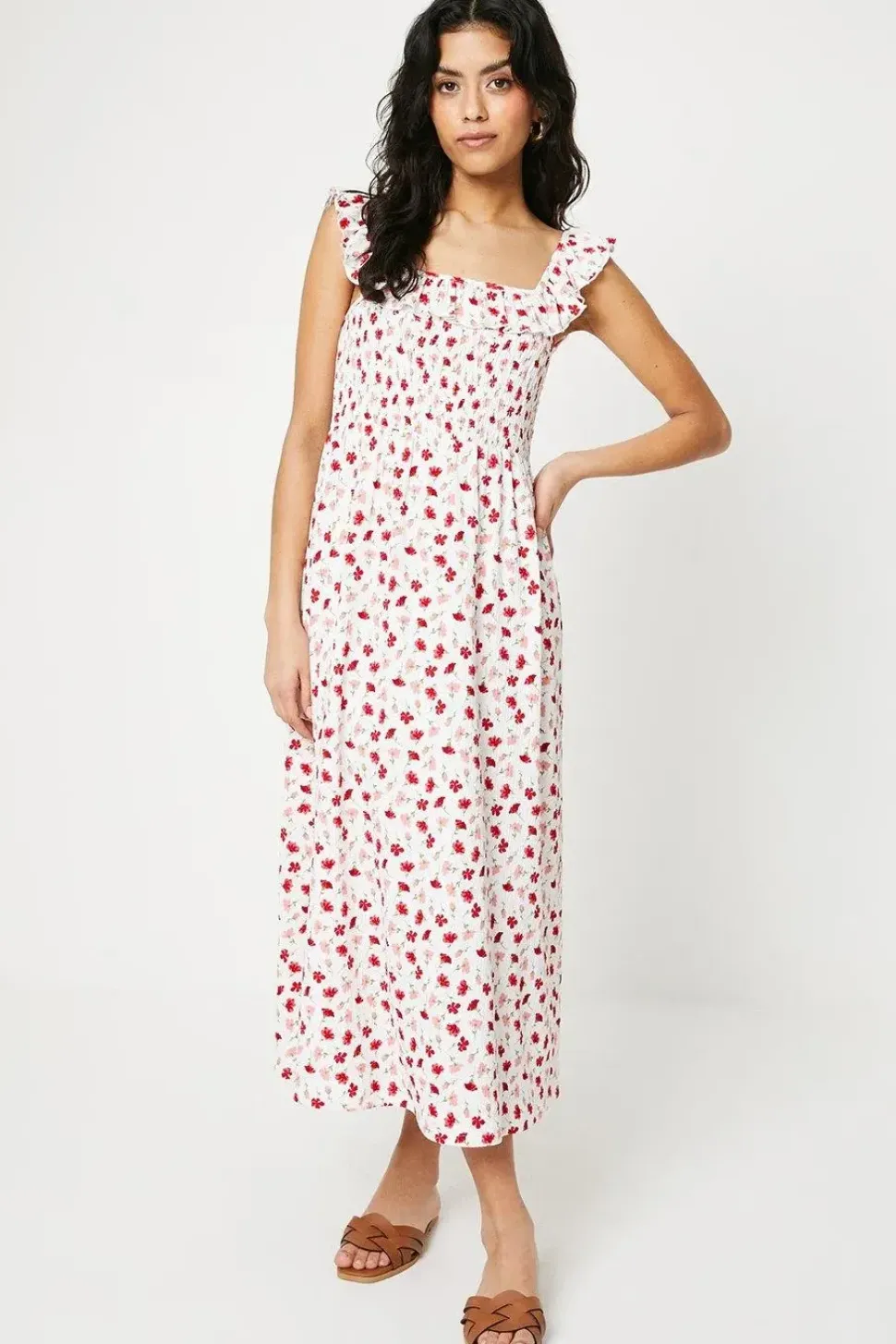 Petite Ditsy Shirred Bodice Ruffle Neckline Midi Dress