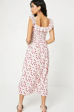 Petite Ditsy Shirred Bodice Ruffle Neckline Midi Dress