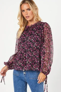 Petite Ditsy Tie Neck Chiffon Blouse