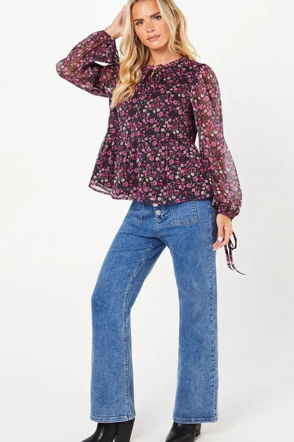 Petite Ditsy Tie Neck Chiffon Blouse