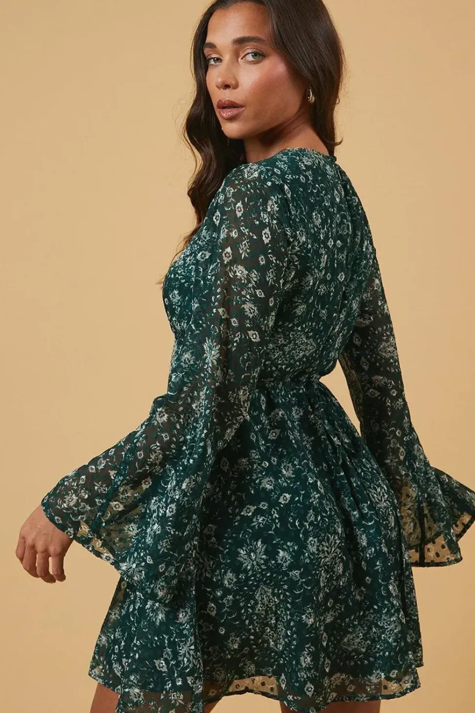 Petite Dobby Chiffon Flared Sleeve Tie Back Mini Dress