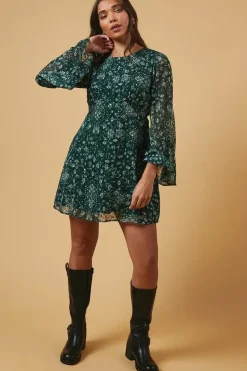 Petite Dobby Chiffon Flared Sleeve Tie Back Mini Dress