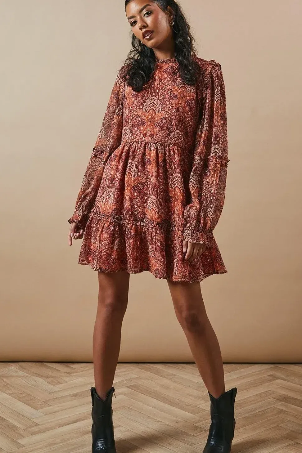 Petite Dobby Chiffon Ruffle Detail Mini Dress