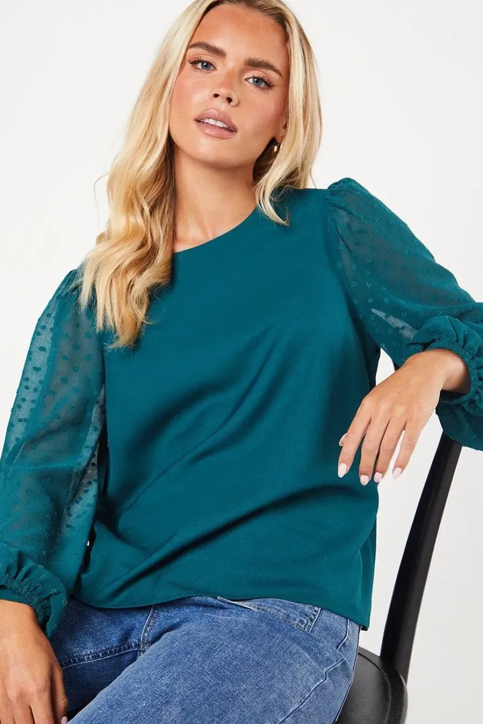 Petite Dobby Contrast Sleeve Blouse