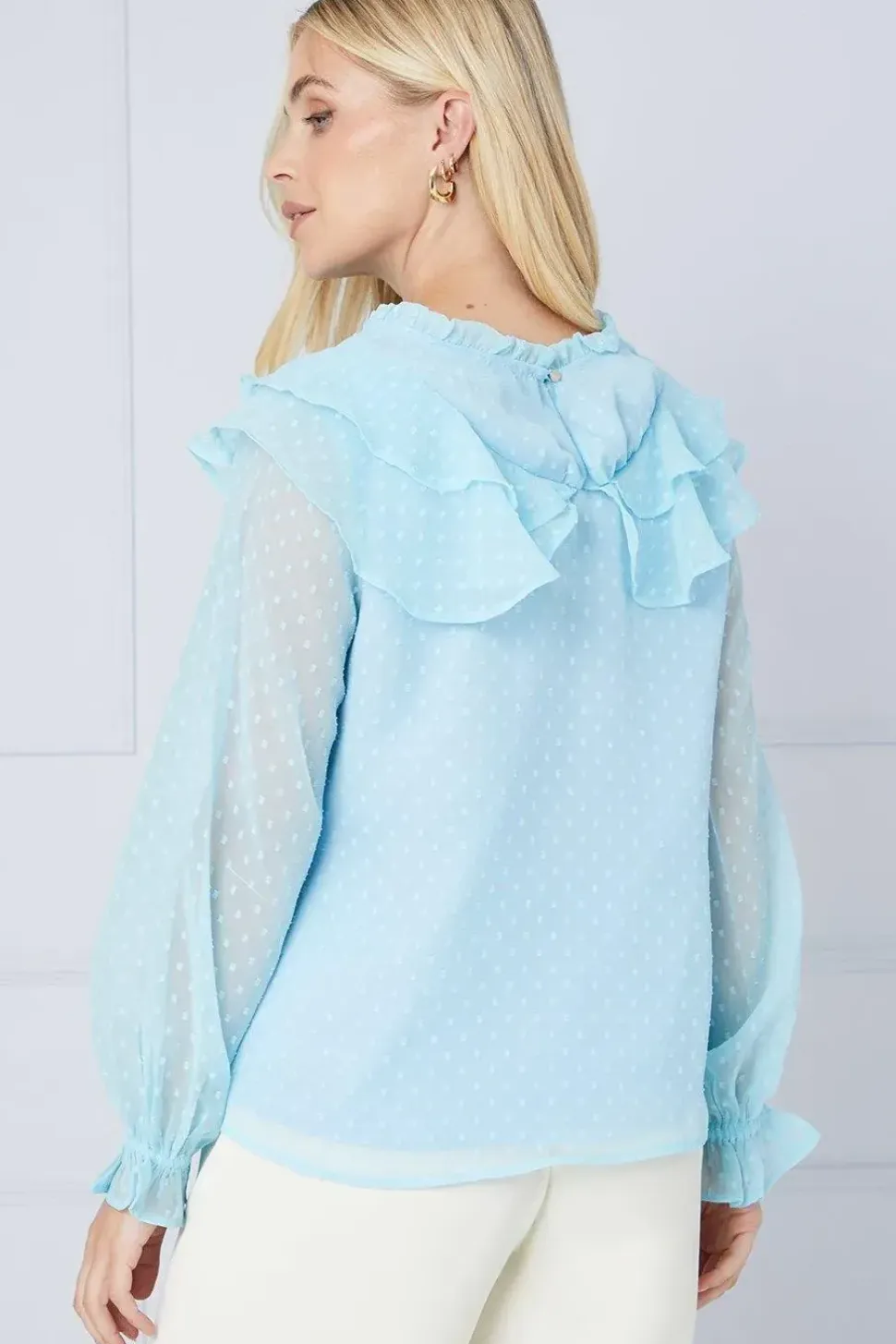 Petite Dobby Ruffle Tie Neck Blouse