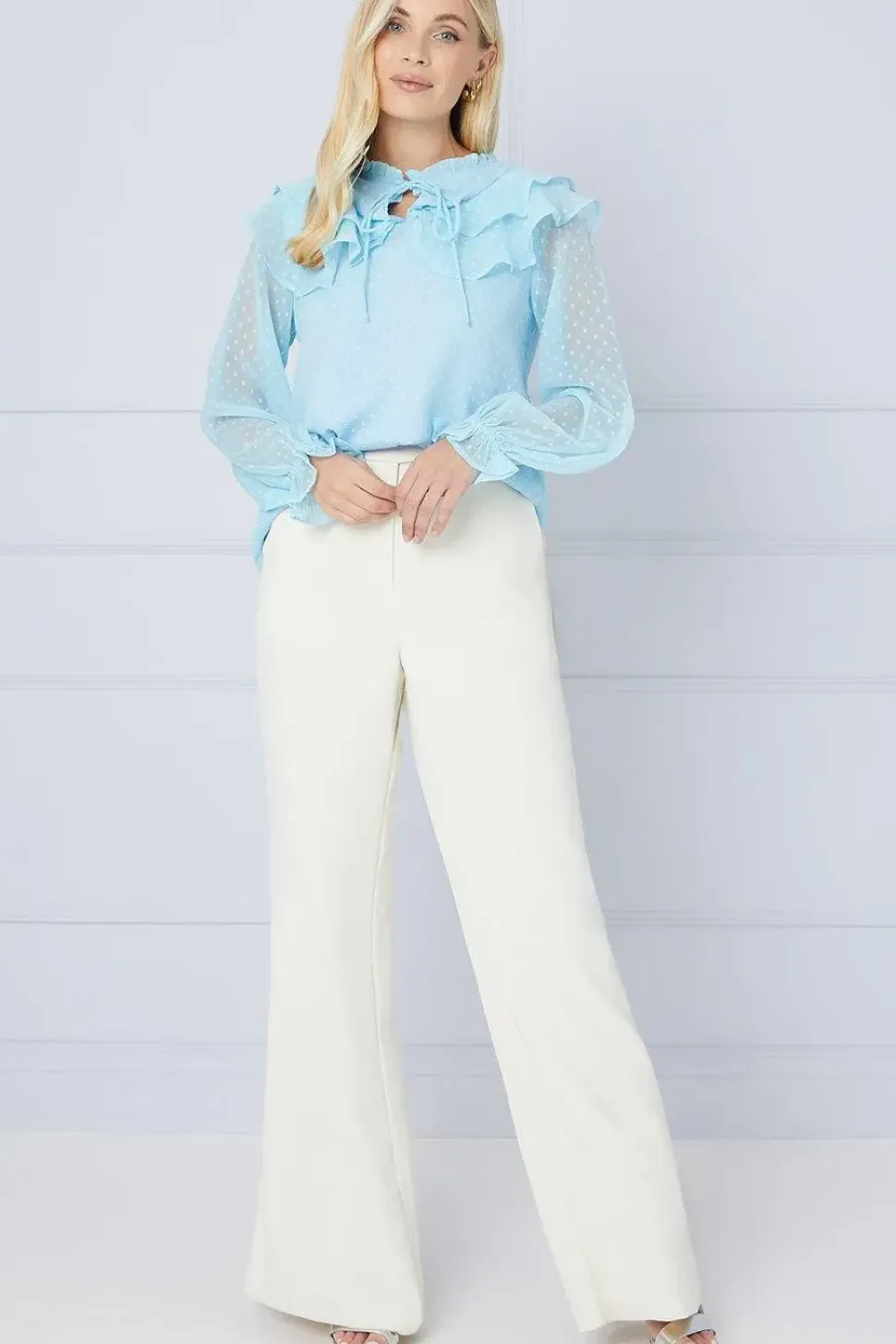 Petite Dobby Ruffle Tie Neck Blouse