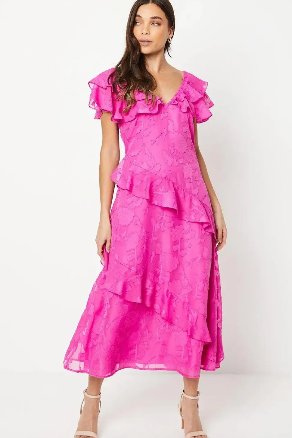 Petite Double Frill Satin Burnout Midaxi Dress
