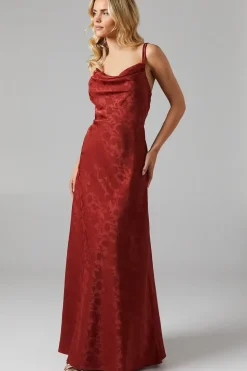 Petite Double Strap Cowl Neck Satin Jacquard Bridesmaids Dress