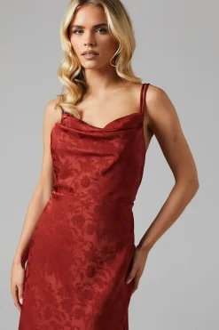 Petite Double Strap Cowl Neck Satin Jacquard Bridesmaids Dress
