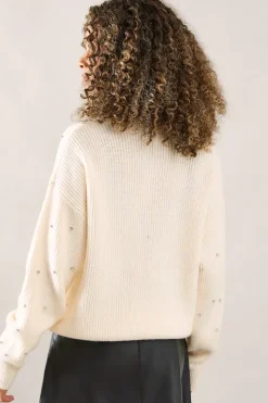 Petite Embellished Neck Trim V Neck Jumper