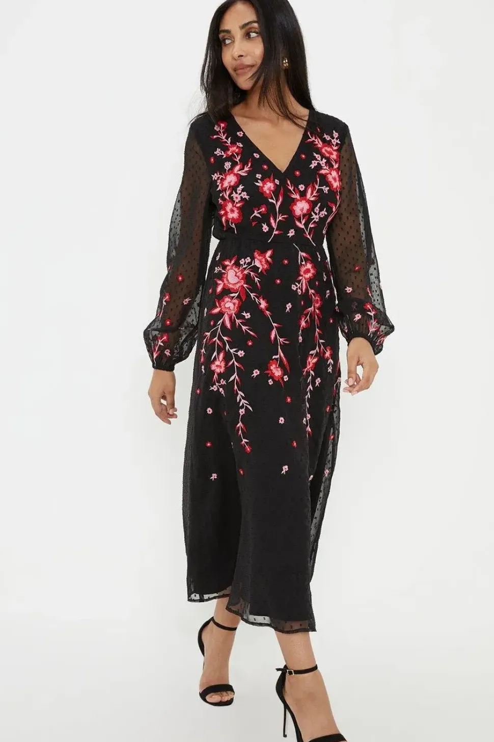 Petite Embroidered Dobby Midi Dress