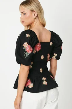 Petite Embroidered Shirred Bodice Blouse