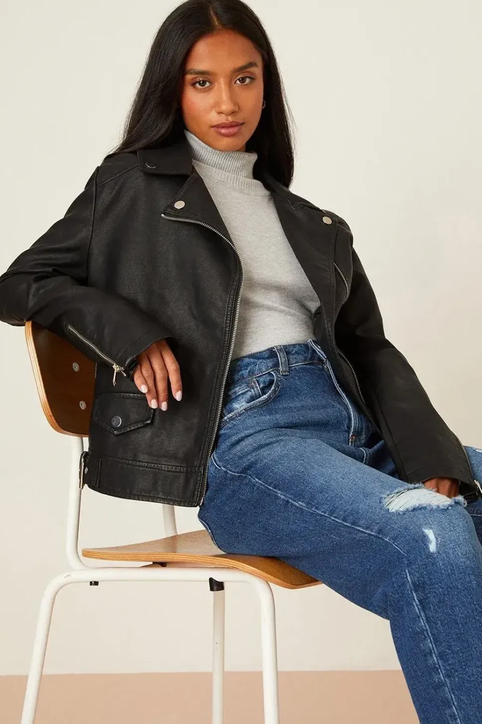 Petite Faux Leather Biker Jacket