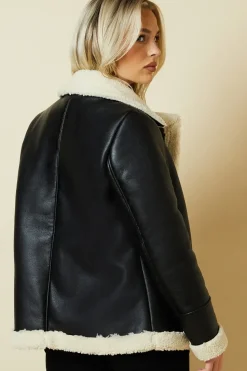 Petite Faux Leather Longline Aviator Jacket