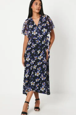 Petite Floral Cape Sleeve Wrap Dress