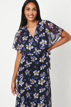 Petite Floral Cape Sleeve Wrap Dress