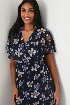 Petite Floral Cape Sleeve Wrap Dress