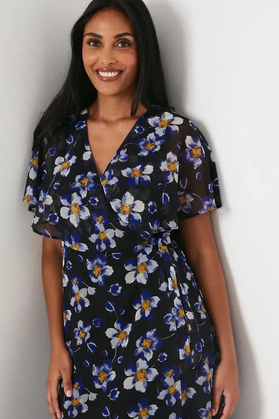 Petite Floral Cape Sleeve Wrap Dress