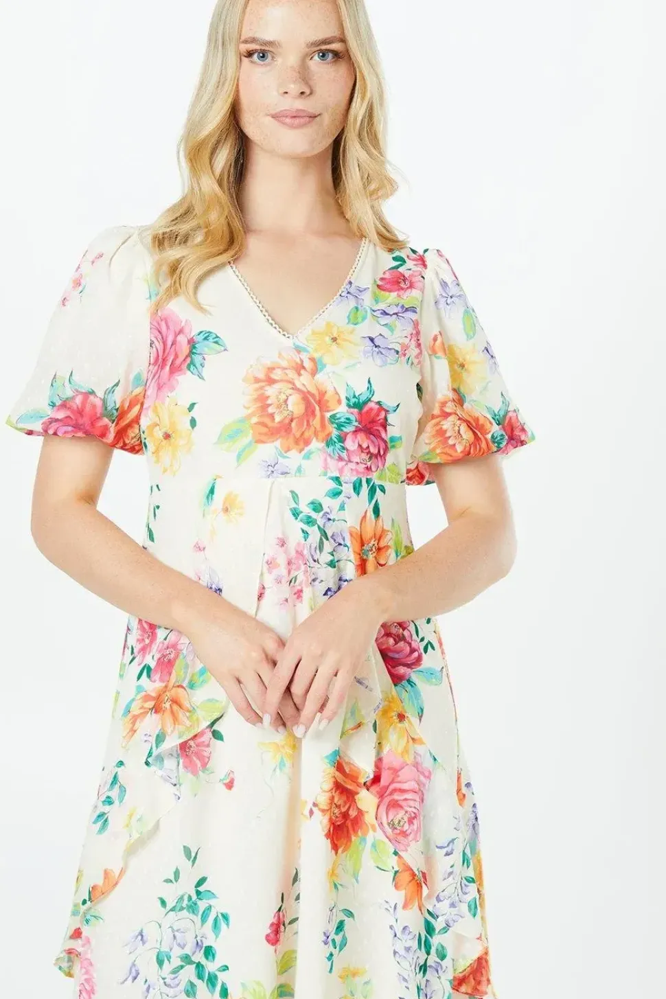 Petite Floral Dobby Lace Trim Ruffle Midi Dress