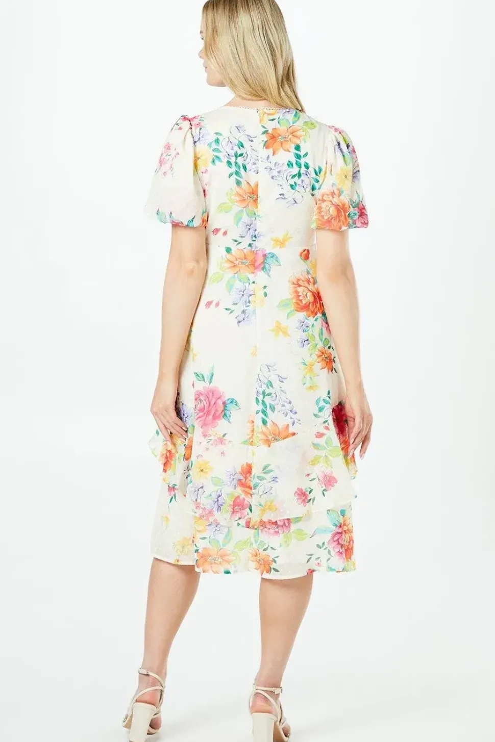Petite Floral Dobby Lace Trim Ruffle Midi Dress