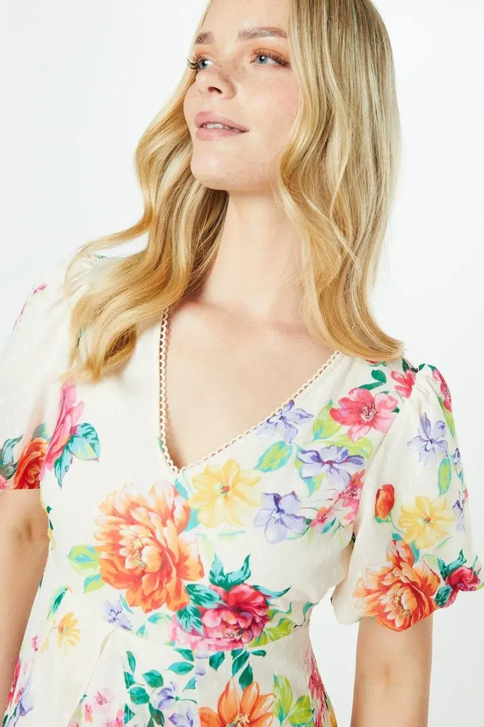 Petite Floral Dobby Lace Trim Ruffle Midi Dress
