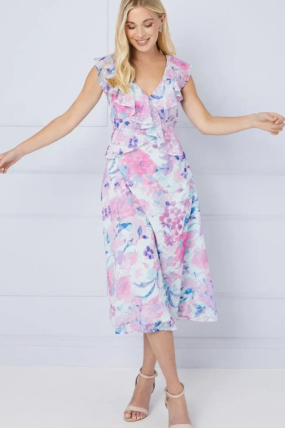 Petite Floral Dobby Ruffle Midi Dress
