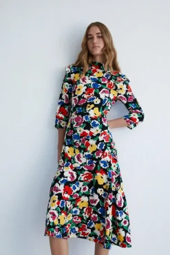 Petite Floral Flippy Mock Neck Midi Dress