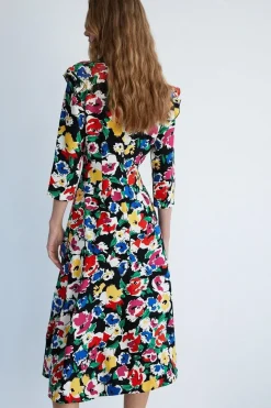 Petite Floral Flippy Mock Neck Midi Dress