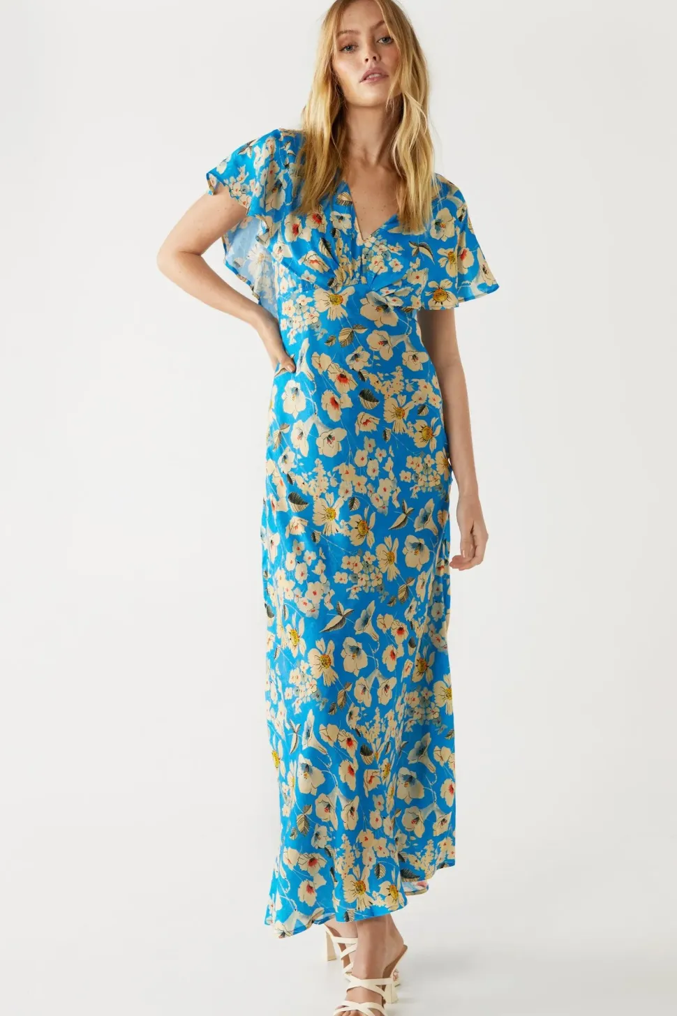 Petite Floral Fluted Sleeve Maxi Tea Dress