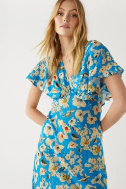Petite Floral Fluted Sleeve Maxi Tea Dress