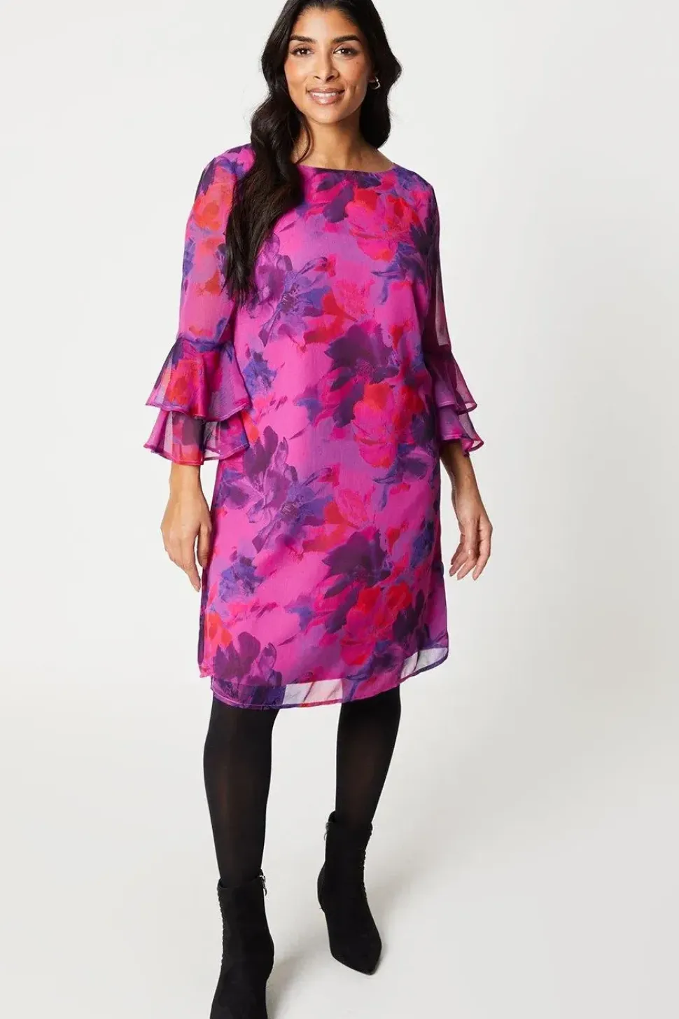 Petite Floral Flute Sleeve Shift Dress